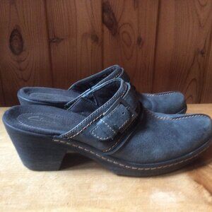 Clarks Charcoal Mules with Strap Accent